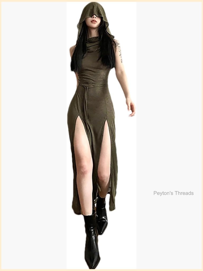Sleeveless Hooded Maxi Dress With High Split Party Club Rave